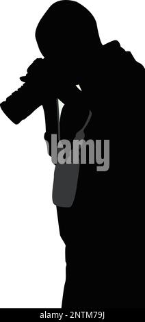 silhouette of a female photographer hiking and isolated on a white color background for composites. holding a camera and posing as a journalist or a h Stock Vector