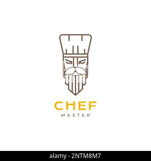 old guy long bearded mustache hat chef master line minimal mascot cartoon logo design vector icon illustration Stock Vector