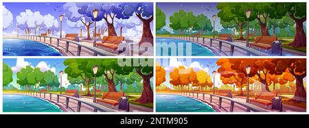 Four seasons set of urban park near river. Vector cartoon illustration of public garden in winter, autumn, spring, summer with benches, lanterns, waste bins. Snow, rain, green, yellow foliage on trees Stock Vector