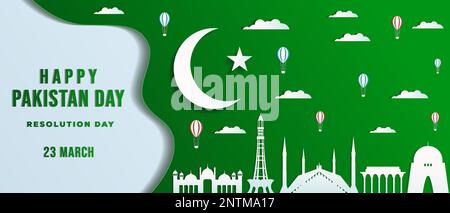 Pakistan day in paper art style horizontal banner with Pakistan landmark, cloud, and hot air balloon Stock Vector