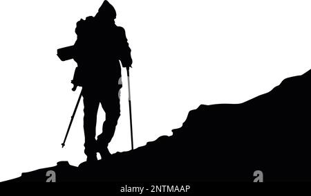 vector illustration silhouette of one climber with ice axe in hand black silhouette on white background Stock Vector