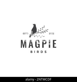 magpie bird perched twig tree leaves singer forest hipster logo design icon vector illustration Stock Vector