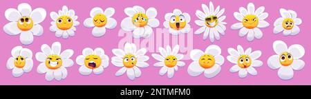 Cute daisy flower character with smiling face. Different emotions of chamomile. Emoji icons with funny daisy character isolated on pink background, vector cartoon set Stock Vector