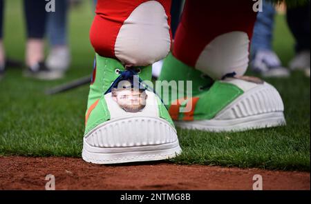 The shoes of Philadelphia Phillies' Bryce Harper are seen as he stands at  first during the sixth inning of a baseball game against the Washington  Nationals, Thursday, Sept. 2, 2021, in Washington.