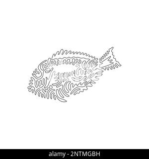 Single curly one line drawing of cute blue fish abstract art. Continuous line draw graphic design vector illustration of blue tang has a flat shape Stock Vector