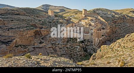 amazing Mar Saba in the Judean Desert in the West Bank is one of the oldest continuously inhabited and isolated Byzantine monasteries Stock Photo