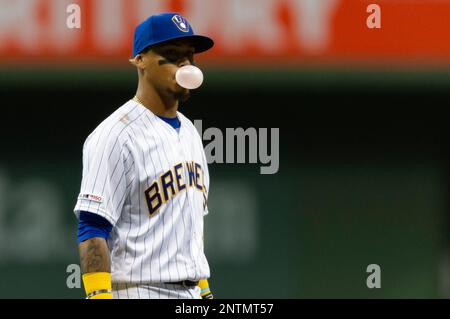 05 August 2016: Milwaukee Brewers Shortstop Orlando Arcia (3) gets his  first MLB hit and RBI single [10779] during a game between Milwaukee Brewers  and the Arizona Diamondbacks at Chase field. (Photo