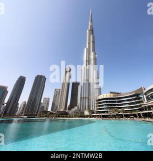 DUBAI, UNITED ARAB EMIRATES - JAN 11, 2023: The Burj Khalifa in the center of Dubai is the tallest building in the world with 828 meters high. Stock Photo