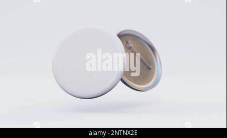 White round badge pin mockup on white background. circle pin template. 3d render, 3d illustration Stock Photo