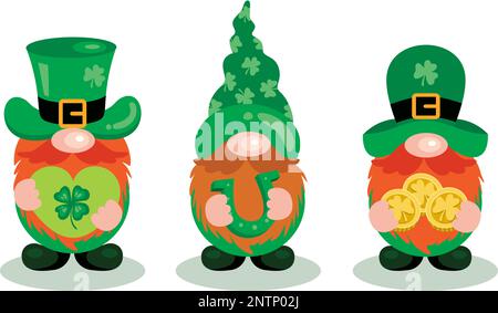 Three cute and funny St Patrick s day gnomes Stock Photo