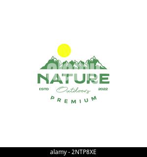 outdoor mountain hill peak green sunrise landscape vintage logo design vector icon illustration Stock Vector