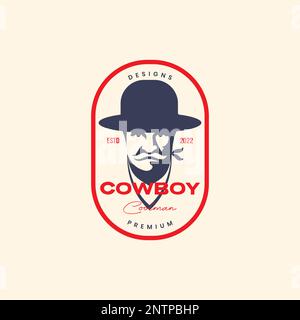 old man bearded mustache cowboy hat face bandana badge vintage logo design vector icon illustration Stock Vector