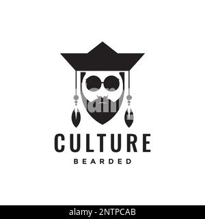 culture old man bearded chinese face headgear cool logo design vector icon illustration Stock Vector