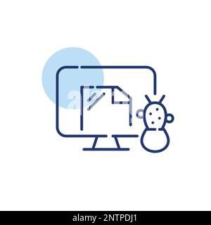 Desktop monitor with file open on it and cactus plant in a pot. Pixel perfect, editable stroke line icon Stock Vector