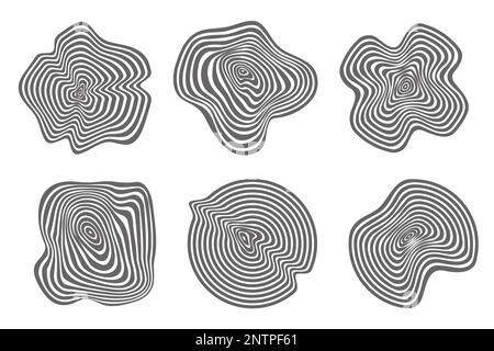 Topographic wooden tree rings patterns. Abstract organic textured circles. Circular shapes backgrounds. Vector annual growth slices. Stock Vector