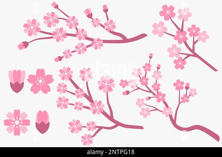 flat design cherry blossom, sakura branches and flowers collection Stock Vector