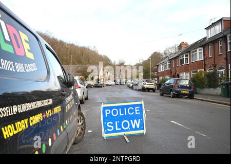 Brighton UK 28th February 2023 - Police near where missing couple Constance Marten and her partner Mark Gordon were found in Stanmer Villas Brighton last night . There is now a major search operation to find their baby who was not with them when found : Credit Simon Dack / Alamy Live News Stock Photo