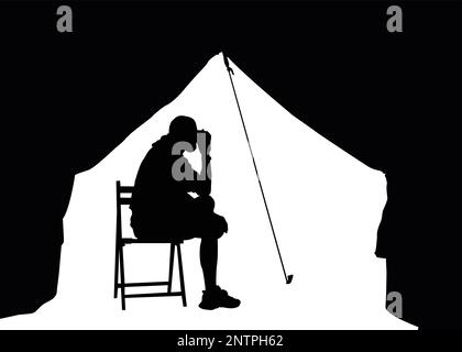 young man sitting near tent in forest enjoying hiking trip. guy drinking warm coffee or tea on outdoors camping vacation. Vector illustration. Stock Vector