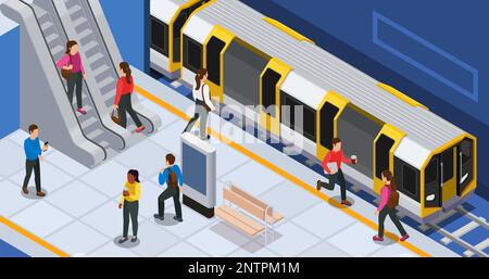Subway station with passenger walking running for train going down and up escalator isometric background vector illustration Stock Vector