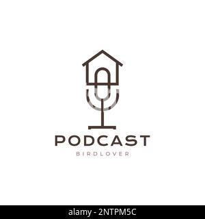 bird cage sing microphone podcast talking contest logo design vector icon illustration Stock Vector