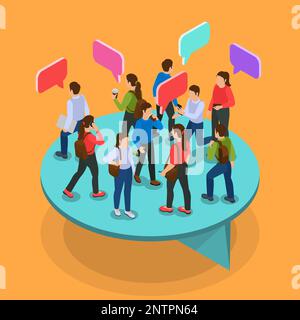 Community isometric orange background with group of walking young people with colored dialog speech bubbles  vector illustration Stock Vector