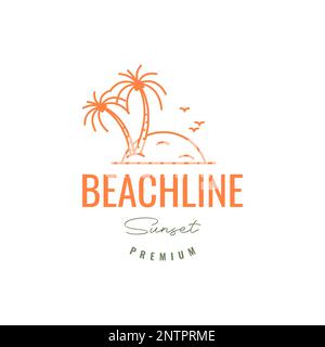 beach sea seashore sunset coconut trees birds colony lines hipster logo design vector icon Stock Vector