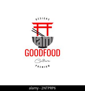 japan torii gate bowl noodle taste curry soup culture logo design vector icon illustration Stock Vector