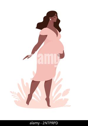 Beautiful pregnant woman on a pink background with a plant, the concept of motherhood and family. Pregnancy, goods for preparation for childbirth. Mod Stock Vector