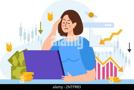 Flat economy crisis composition with arrows down money symbols and woman having financial problems vector illustration Stock Vector