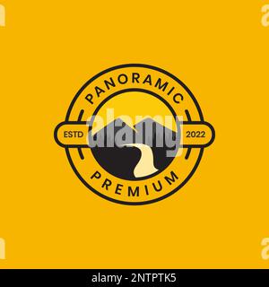panoramic view mountain forest river tress  sunset circle badge vintage logo design vector Stock Vector