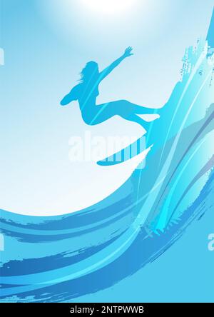 Vector Surfing Silhouette Background Illustration With Blue Sky And A Surfer On Big Waves. Stock Vector