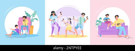 Family playing vr and video games flat concept set isolated vector illustration Stock Vector