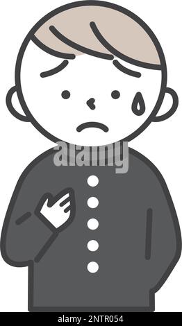 A male student with a cold sweat and an uneasy expression putting his hand on his chest. Simple style illustrations with outlines. A male student wear Stock Vector