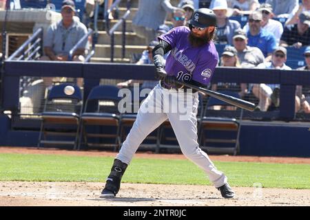 PHOENIX, AZ - MARCH 16: Rockies Charlie Blackmon bats during a spring  training game between the Colorado Rockies and the Milwaukee Brewers March  16, 2019 at American Family Fields of Phoenix in