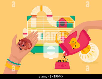 Take care of domestic animal design concept with woman hands holding hamster and pouring dry food cartoon vector illustration Stock Vector