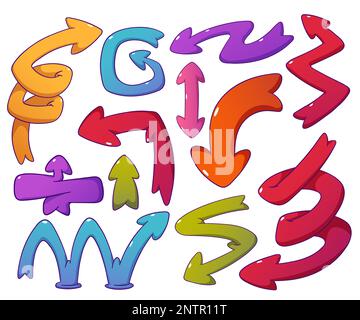 Set of quirky arrows isolated on background. Vector illustration of contemporary cartoon spiral, round, twisted pointers for app ui design. Bright playful game png collection, turn or direction symbol Stock Vector