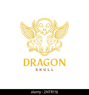 head dragon wings skull cranium ancient rose flowers line art logo design vector Stock Vector
