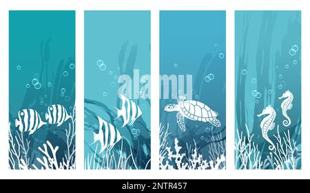 Vector Undersea Creatures Card Set With Tropical Fishes And Sea Horses Isolated On A White Background. Stock Vector