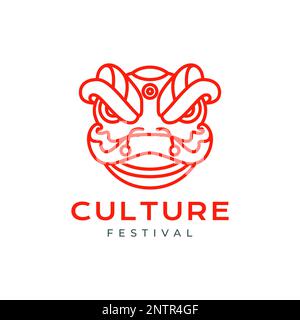chinese culture festival lion dance head art line minimal modern logo design vector Stock Vector