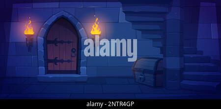Underground dungeon with wooden door, torch fire and treasure chest. Vector cartoon illustration of medieval palace hallway, basement with stone stairs, prison cell entrance. Adventure game background Stock Vector