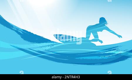Vector Surfing Silhouette Background Illustration With Blue Sky And A Surfer On Big Waves. Stock Vector