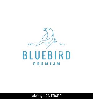 little blue bird perched branch leaves singing line art logo design vector icon illustration Stock Vector