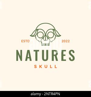 skull cranium brain pan head leaves nature line minimal hipster logo design vector Stock Vector