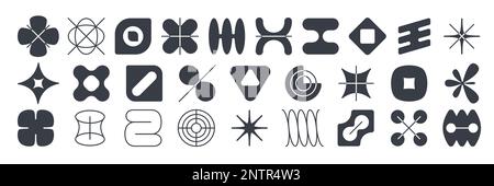 Abstract geometric shapes, elements of brutalism style. Simple figures, minimal symbols with star, triangle, circle and square silhouettes, vector flat set Stock Vector