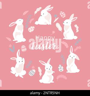 Happy easter greeting card with frame of cute white cartoon rabbits on pink background flat vector illustration Stock Vector