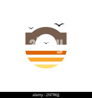 bridge river sunset bird colony colorful logo design vector icon illustration Stock Vector
