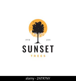 alone tree with sunset relax park hipster logo design vector icon illustration Stock Vector