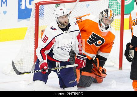 March 14, 2019: Washington Capitals right wing Tom Wilson (43) reacts to  getting hit as the trainer looks at him during the NHL game between the  Washington Capitals and Philadelphia Flyers at