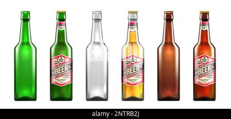 Realistic beer bottles icon set green transparent brown bottles with and without labels on the bottles vector illustration Stock Vector