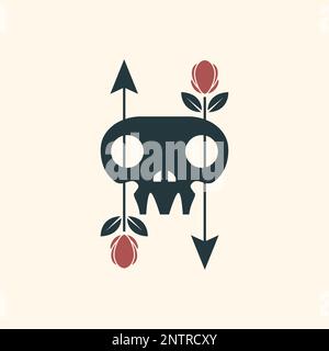 skull cranium brain pan rose flowers retro clean simple logo design vector Stock Vector